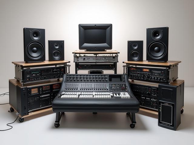 Showcase of the audio production contest prize including studio monitors and mixing console